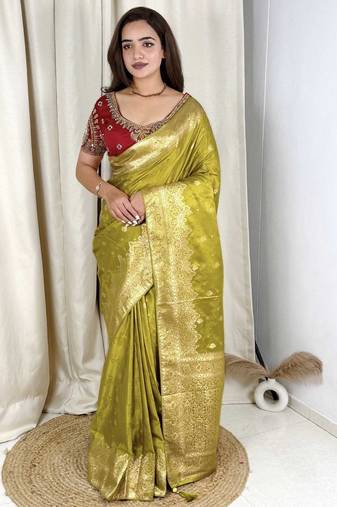 Olive banarasi satin silk zari weaving saree with embroiderd blouse piece