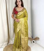 Olive banarasi satin silk zari weaving saree with embroiderd blouse piece