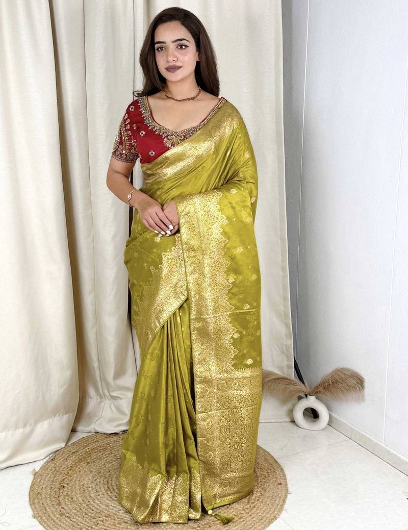 Olive banarasi satin silk zari weaving saree with embroiderd blouse piece
