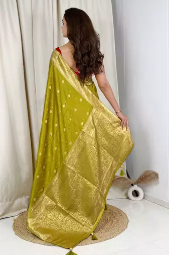 Olive banarasi satin silk zari weaving saree with embroiderd blouse piece