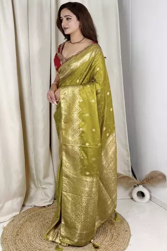 Olive banarasi satin silk zari weaving saree with embroiderd blouse piece