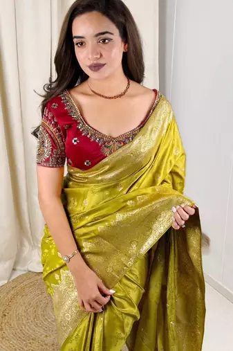 Olive banarasi satin silk zari weaving saree with embroiderd blouse piece