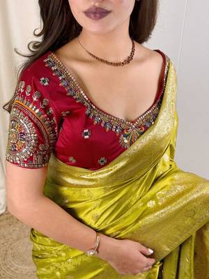 Olive banarasi satin silk zari weaving saree with embroiderd blouse piece 5
