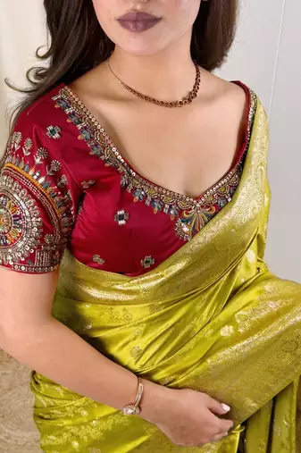 Olive banarasi satin silk zari weaving saree with embroiderd blouse piece