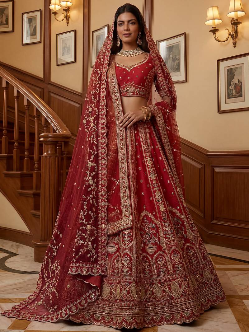 Ravishing Red Zari Embroidery Silk Bridal Lehenga Choli With Double Dupatta