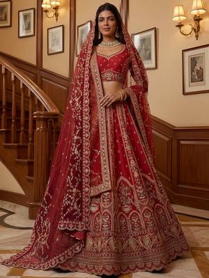 Ravishing Red Zari Embroidery Silk Bridal Lehenga Choli With Double Dupatta 1