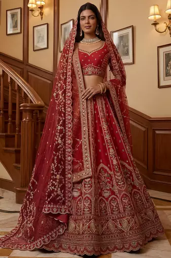 Ravishing Red Zari Embroidery Silk Bridal Lehenga Choli With Double Dupatta