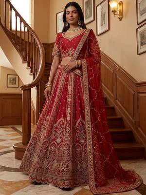 Ravishing Red Zari Embroidery Silk Bridal Lehenga Choli With Double Dupatta 2