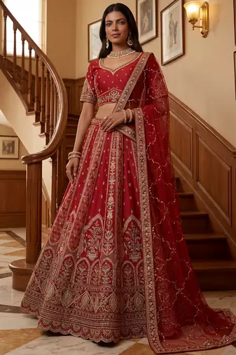 Ravishing Red Zari Embroidery Silk Bridal Lehenga Choli With Double Dupatta