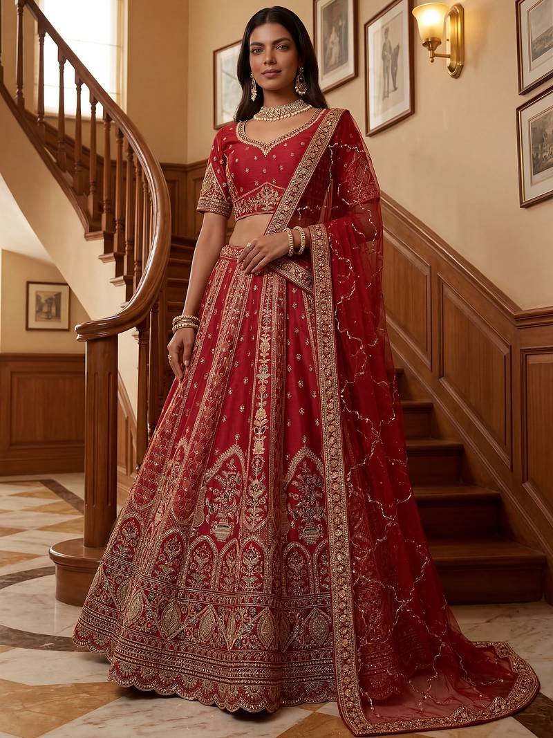 Ravishing Red Zari Embroidery Silk Bridal Lehenga Choli With Double Dupatta