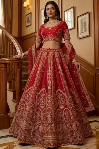 Ravishing Red Zari Embroidery Silk Bridal Lehenga Choli With Double Dupatta