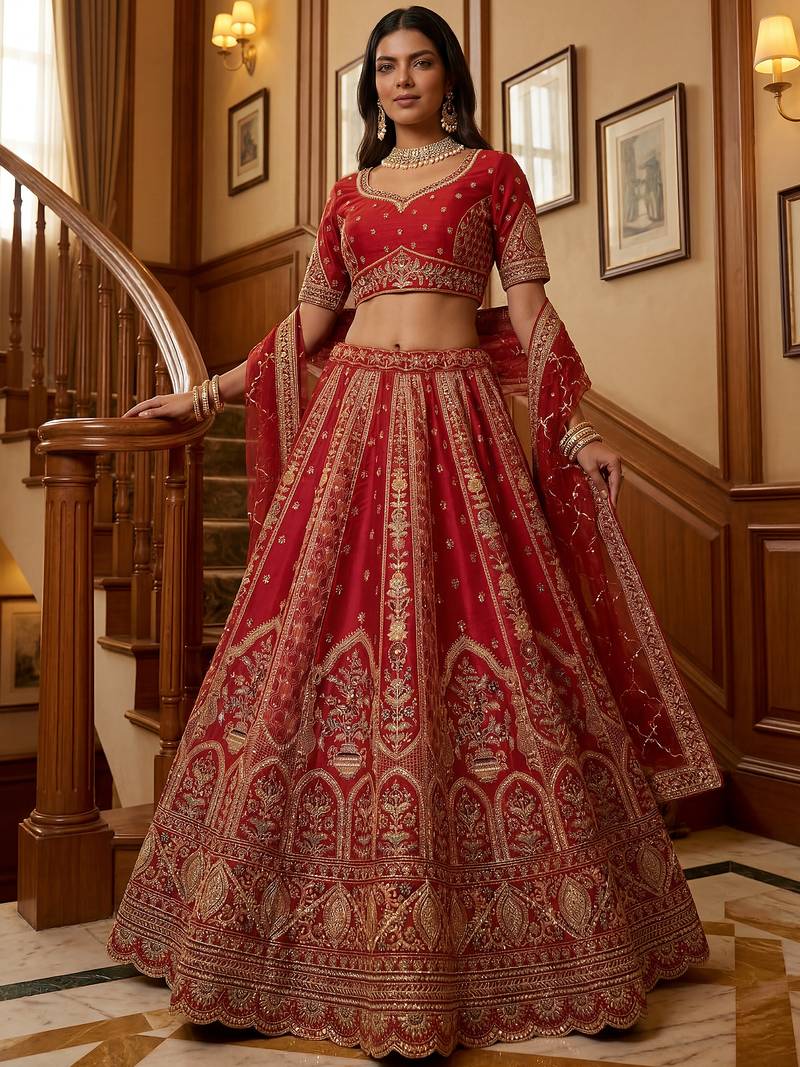 Ravishing Red Zari Embroidery Silk Bridal Lehenga Choli With Double Dupatta