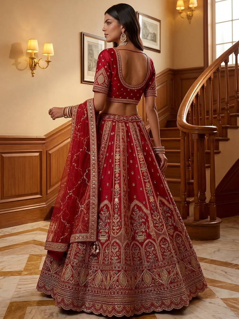 Ravishing Red Zari Embroidery Silk Bridal Lehenga Choli With Double Dupatta