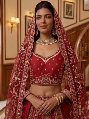 Ravishing Red Zari Embroidery Silk Bridal Lehenga Choli With Double Dupatta 5