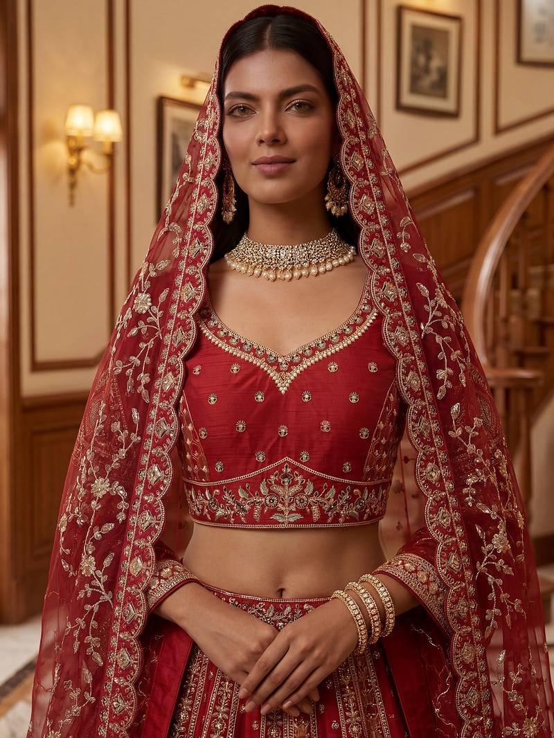 Ravishing Red Zari Embroidery Silk Bridal Lehenga Choli With Double Dupatta