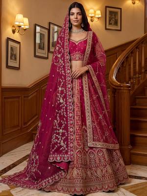 Sparkling Pink Thread Embroidered Silk Bridal Lehenga Choli With Double Dupatta 1