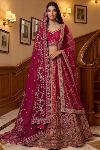 Sparkling Pink Thread Embroidered Silk Bridal Lehenga Choli With Double Dupatta