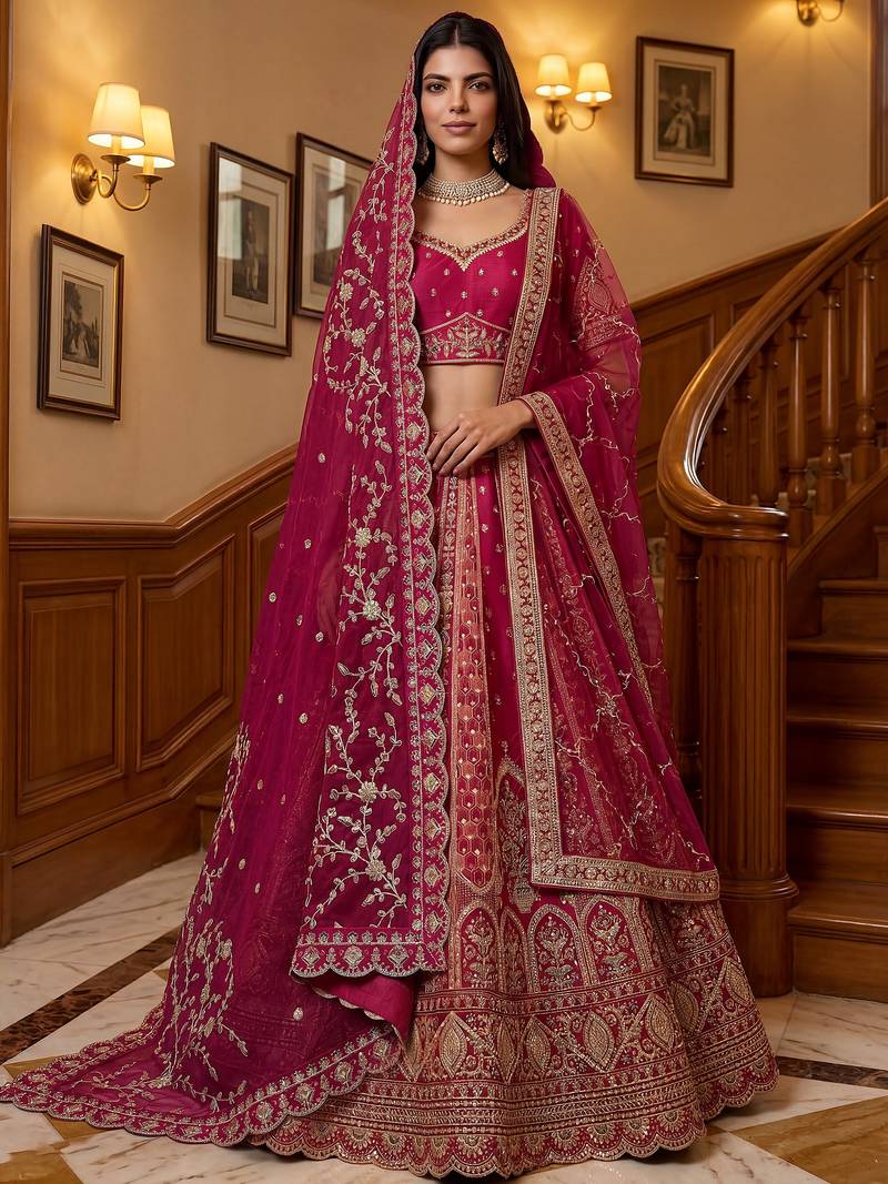 Sparkling Pink Thread Embroidered Silk Bridal Lehenga Choli With Double Dupatta