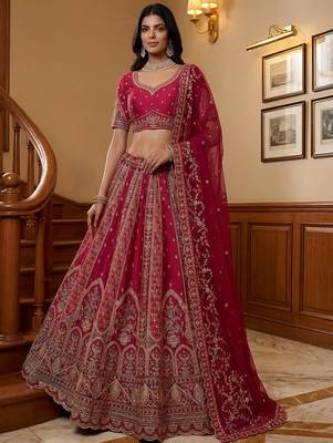 Sparkling Pink Thread Embroidered Silk Bridal Lehenga Choli With Double Dupatta 2