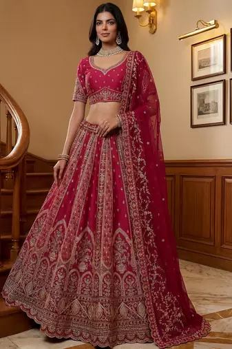 Sparkling Pink Thread Embroidered Silk Bridal Lehenga Choli With Double Dupatta