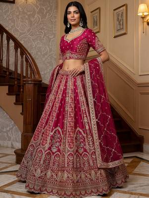 Sparkling Pink Thread Embroidered Silk Bridal Lehenga Choli With Double Dupatta 3