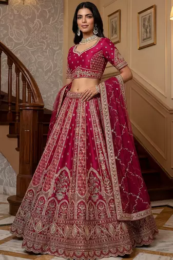 Sparkling Pink Thread Embroidered Silk Bridal Lehenga Choli With Double Dupatta