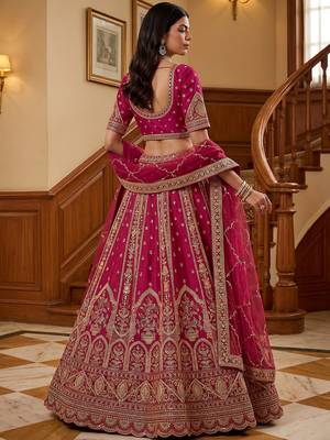 Sparkling Pink Thread Embroidered Silk Bridal Lehenga Choli With Double Dupatta 4