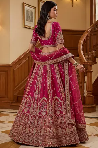Sparkling Pink Thread Embroidered Silk Bridal Lehenga Choli With Double Dupatta