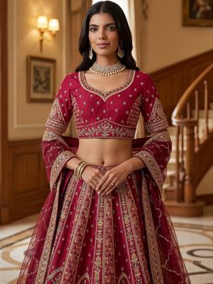 Sparkling Pink Thread Embroidered Silk Bridal Lehenga Choli With Double Dupatta 5