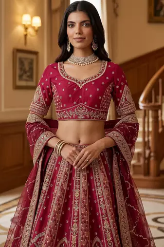 Sparkling Pink Thread Embroidered Silk Bridal Lehenga Choli With Double Dupatta
