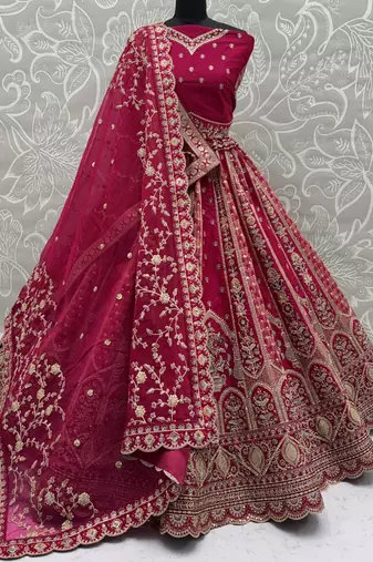 Sparkling Pink Thread Embroidered Silk Bridal Lehenga Choli With Double Dupatta