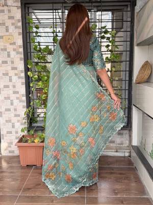 Teal organza zari weaving embroiderd saree with embroiderd blouse piece 2