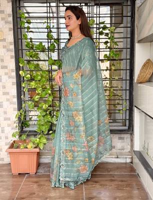 Teal organza zari weaving embroiderd saree with embroiderd blouse piece 3