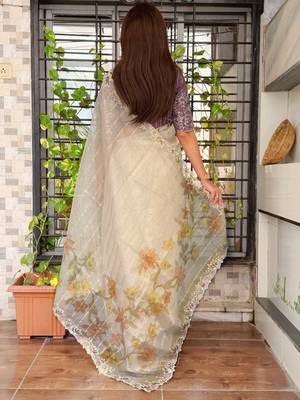 Beige organza zari weaving embroiderd saree with embroiderd blouse piece 2