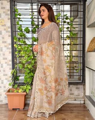 Beige organza zari weaving embroiderd saree with embroiderd blouse piece 3