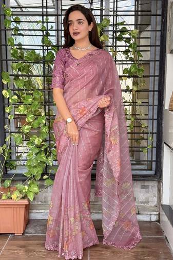 Pink organza zari weaving embroiderd saree with embroiderd blouse piece