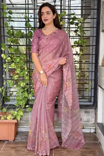 Pink organza zari weaving embroiderd saree with embroiderd blouse piece