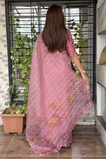 Pink organza zari weaving embroiderd saree with embroiderd blouse piece
