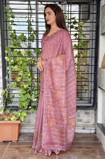 Pink organza zari weaving embroiderd saree with embroiderd blouse piece