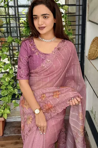 Pink organza zari weaving embroiderd saree with embroiderd blouse piece