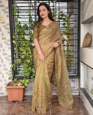 Olive organza zari weaving embroiderd saree with embroiderd blouse piece 1