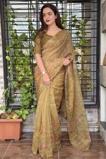 Olive organza zari weaving embroiderd saree with embroiderd blouse piece