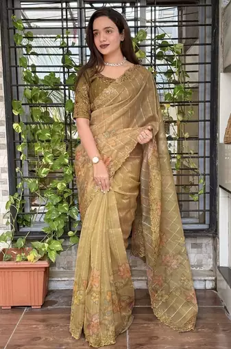 Olive organza zari weaving embroiderd saree with embroiderd blouse piece