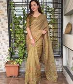 Olive organza zari weaving embroiderd saree with embroiderd blouse piece