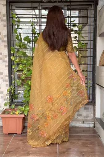 Olive organza zari weaving embroiderd saree with embroiderd blouse piece