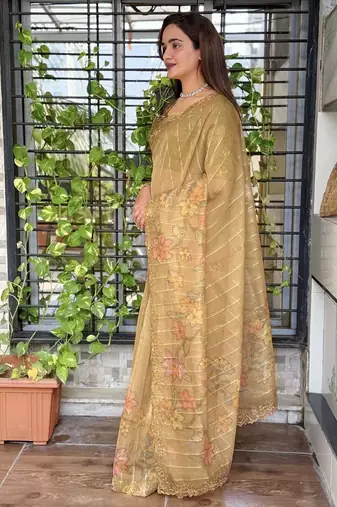 Olive organza zari weaving embroiderd saree with embroiderd blouse piece