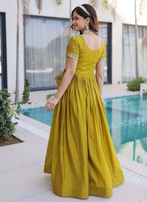 Mehendi zari & sequins embroidered work silk blend stitched kurta gown 2