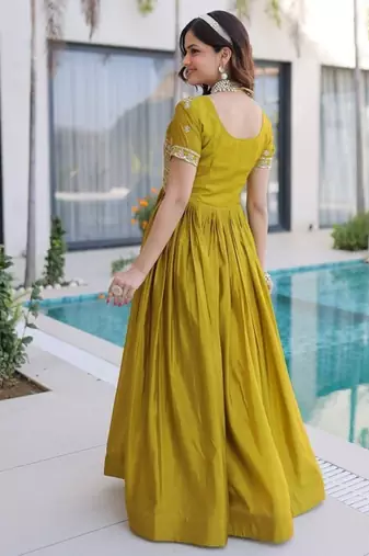 Mehendi zari & sequins embroidered work silk blend stitched kurta gown