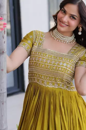 Mehendi zari & sequins embroidered work silk blend stitched kurta gown