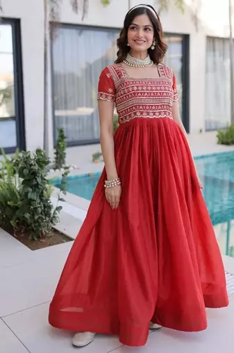 Red zari & sequins embroidered work silk blend stitched kurta gown